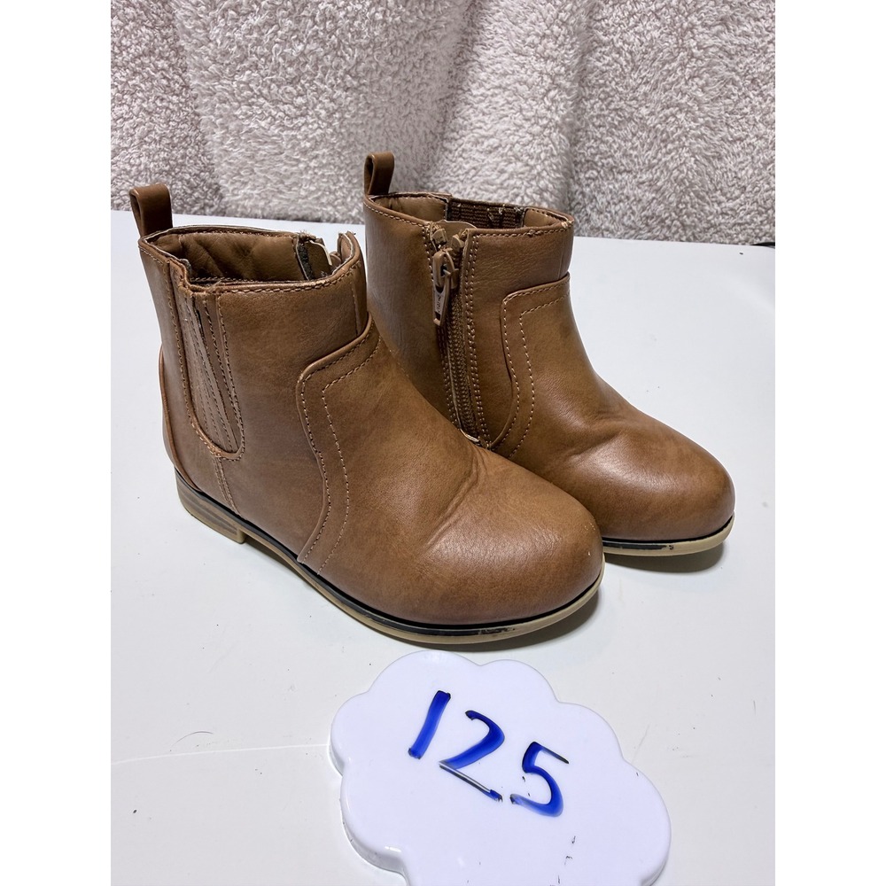 Toddler Kids Brown Faux Leather Ankle Boots Side Zip Booties Size 8